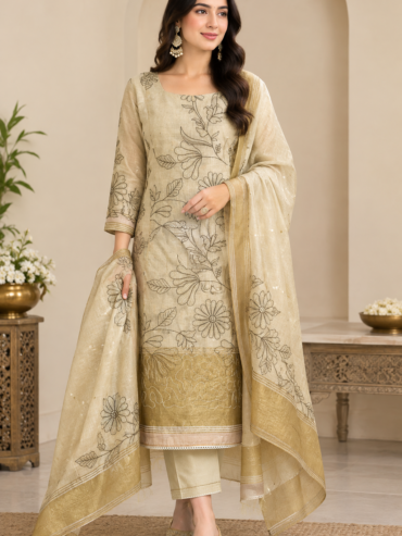 π€β¨ Royal Champagne Beige Embroidered Suit Set with Elegant Dupatta ππΈ