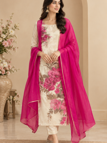 πβ¨ Elegant Ivory Floral Suit Set with Rani Pink Dupatta π·π