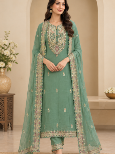 β¨π Elegant Sage Green Embroidered Suit Set with Designer Dupatta ππΈ