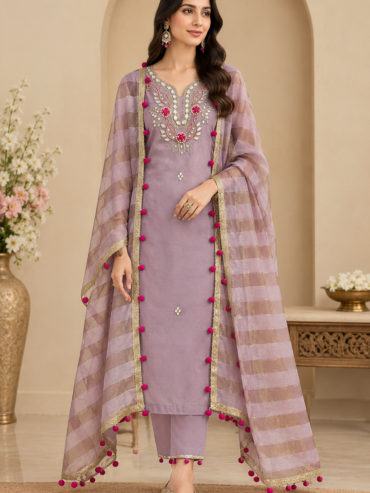 β¨π Royal Lavender Suit Set with Golden Striped Dupatta & Pink Tassel Detailing ππΈ