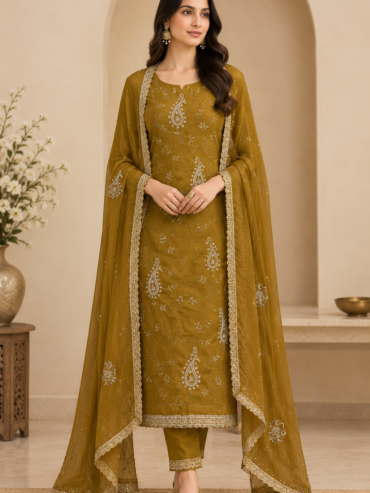 π Royal Mustard Gold Embroidered Suit Set with Designer Dupatta ππ